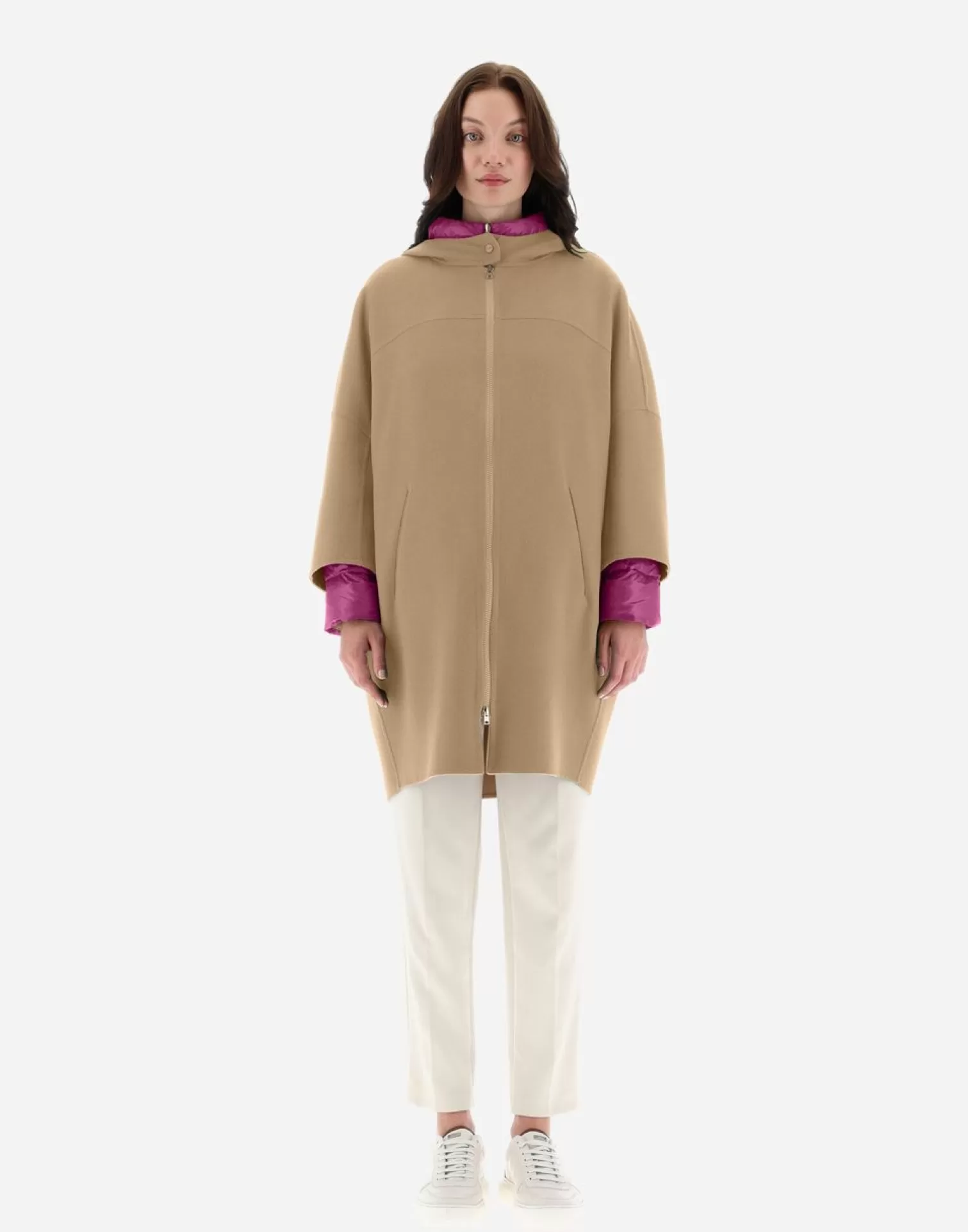 Herno Parka Doppio 2-In-1 In Lana E Nylon Ultralight Reversibile Sabbia New