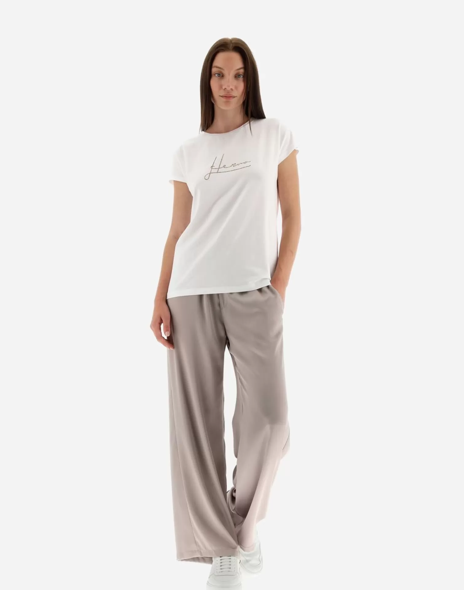 Herno T-Shirt In Interlock Jersey Con Strass Bianco/Marrone Flash Sale